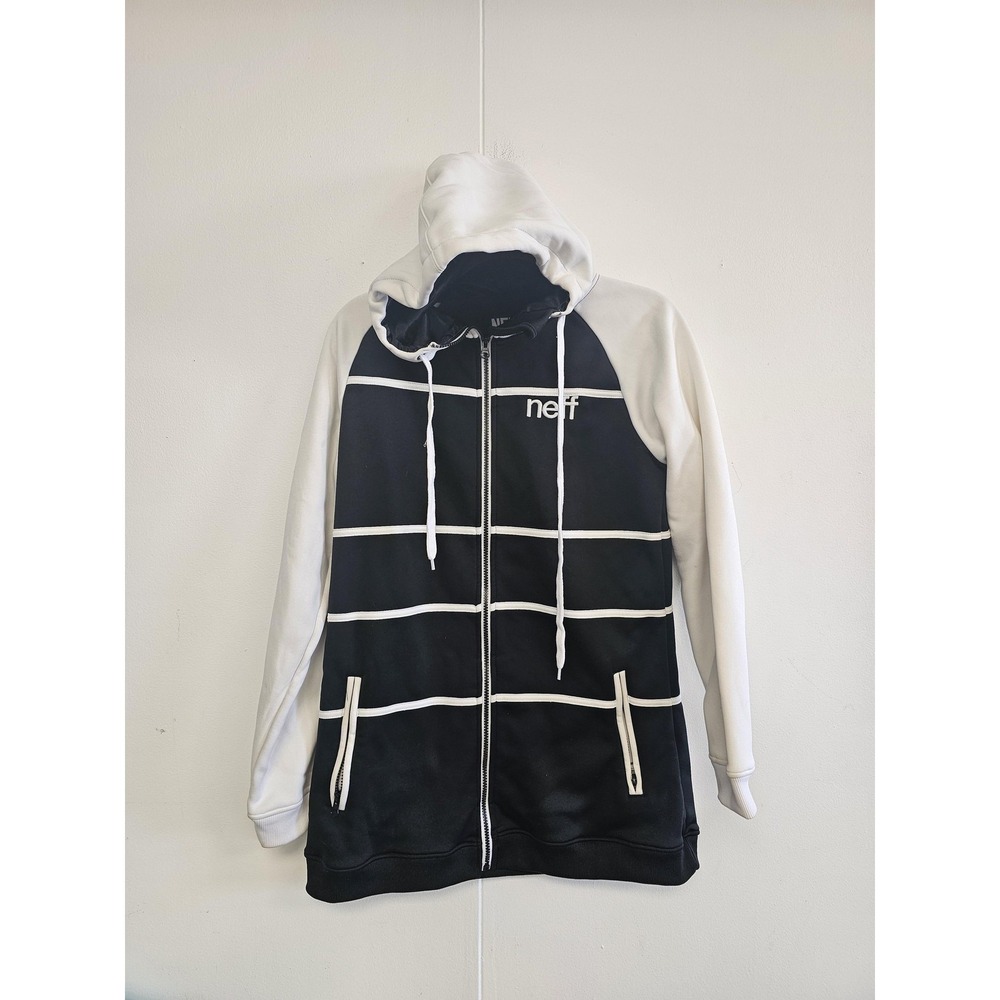 Neff Hoodie Mens Large Black White Full Zip Striped Fleece Sweatshirt Graphic